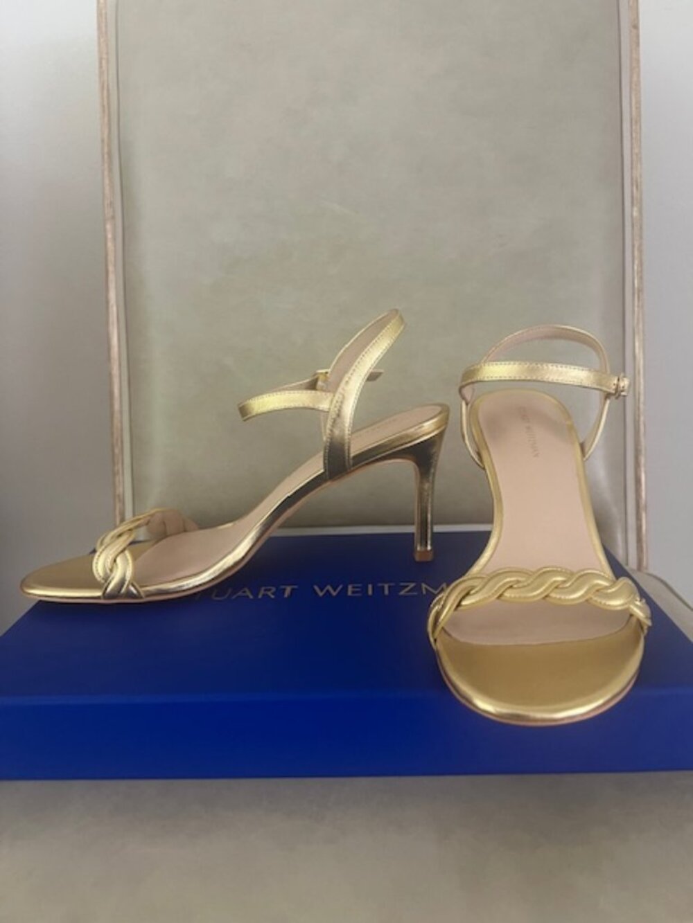 Stuart Weitzman, Womens High Heel Sandal, New, Gold Metallic, Leather